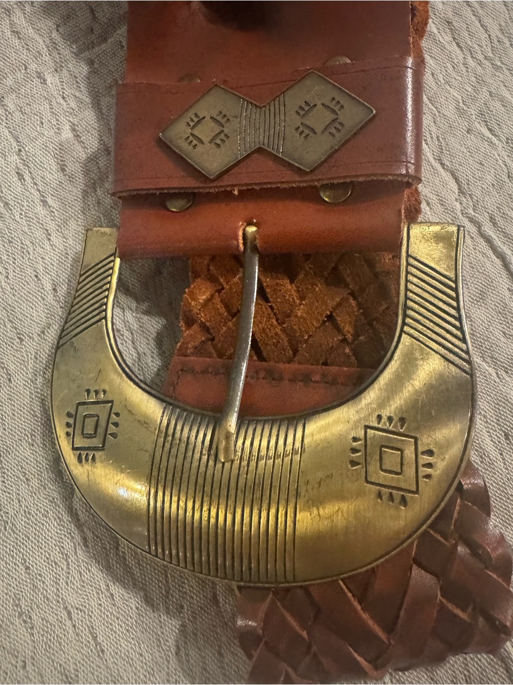 Cabi Woven Leather Belt Size M Brown Wide Boho Western Statement Buckle Belt - Picture 2 of 11